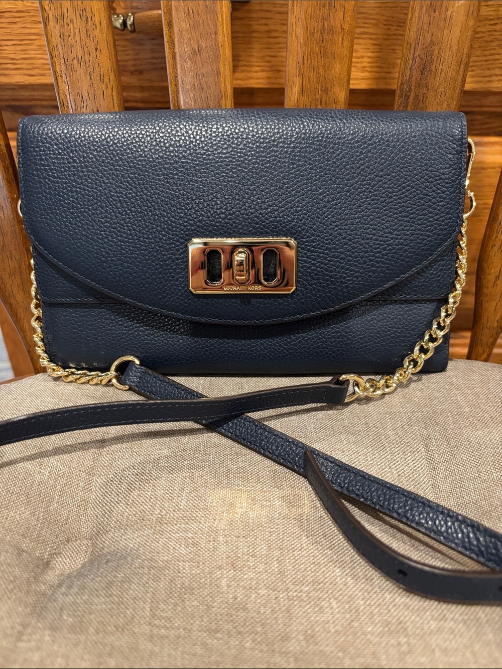 Michael Kors Navy Pebbled Leather Crossbody with Gold Chain